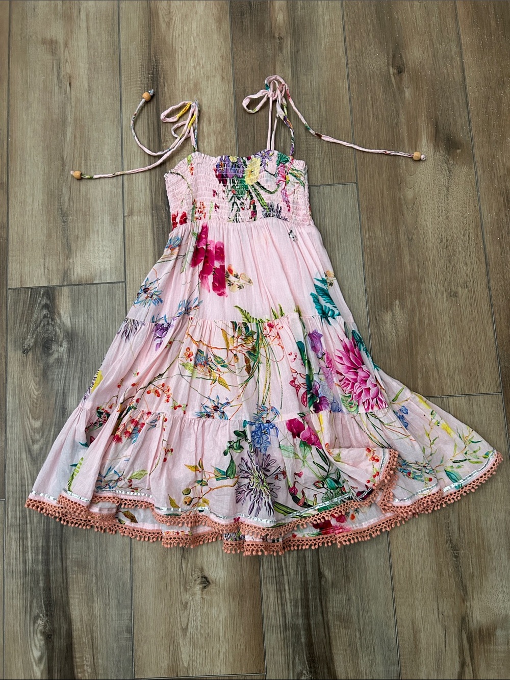 Girls Pink Floral Tie-Strap Smocked Sundress